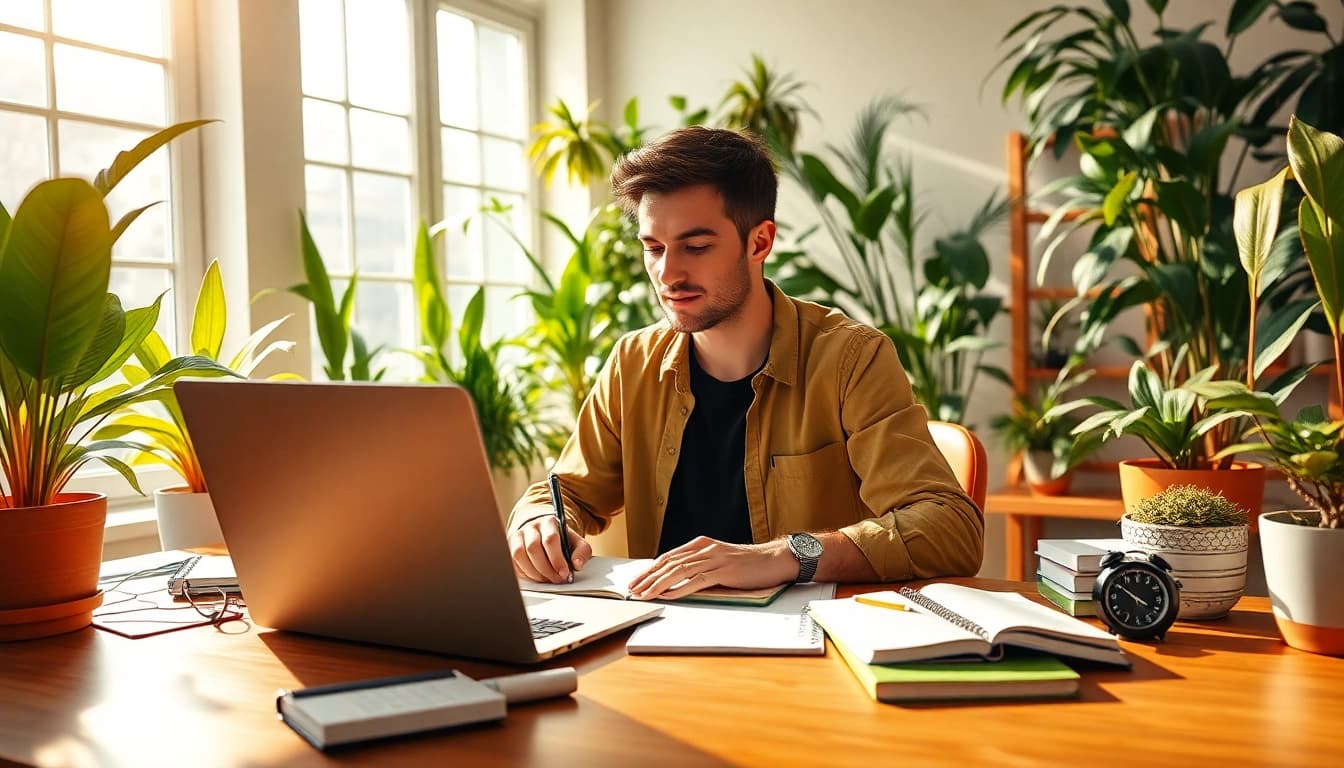 Achieve Peak Productivity in a bright workspace showcasing an individual focused on various productivity tools.