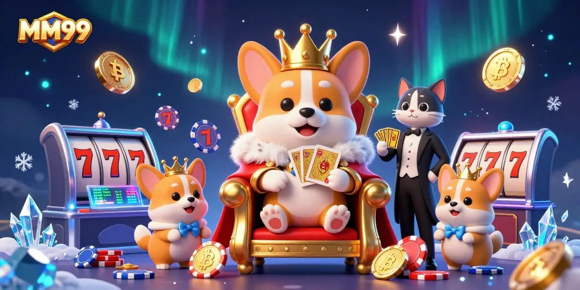 Win big at MM99 with a royal corgi dazzling among gambling riches in a vibrant casino scene.