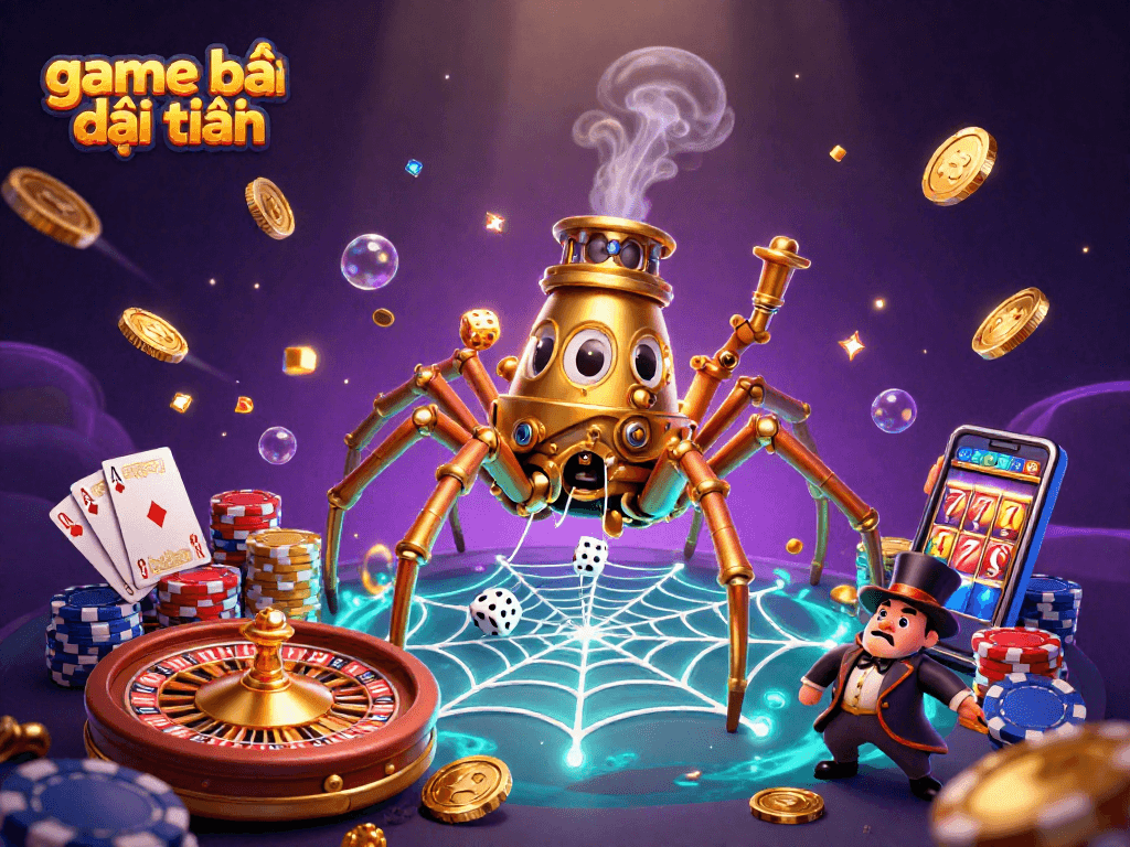Experience game bài đổi thưởng with a steampunk spider capturing unlucky dice amidst vibrant casino elements.