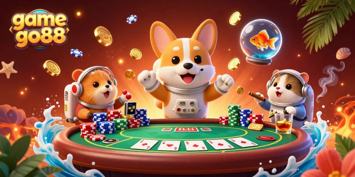 Experience game go88 with the astronaut corgi engaged in a casino adventure amidst flying poker chips.