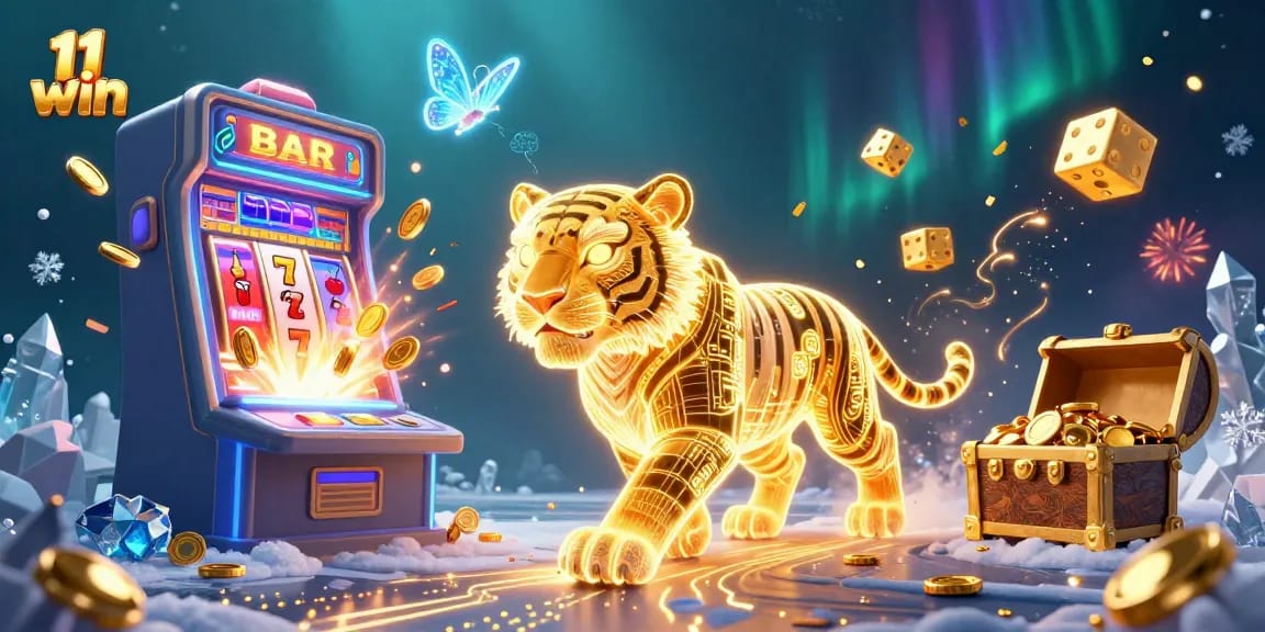 Engage with the dynamic 11 win casino experience featuring a glowing golden tiger amidst slot machine action.