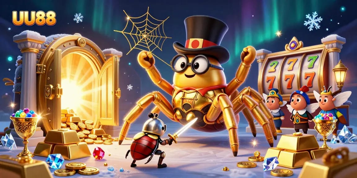 Experience UU88's vibrant casino fantasy with a golden tarantula and beetle knight illustration.