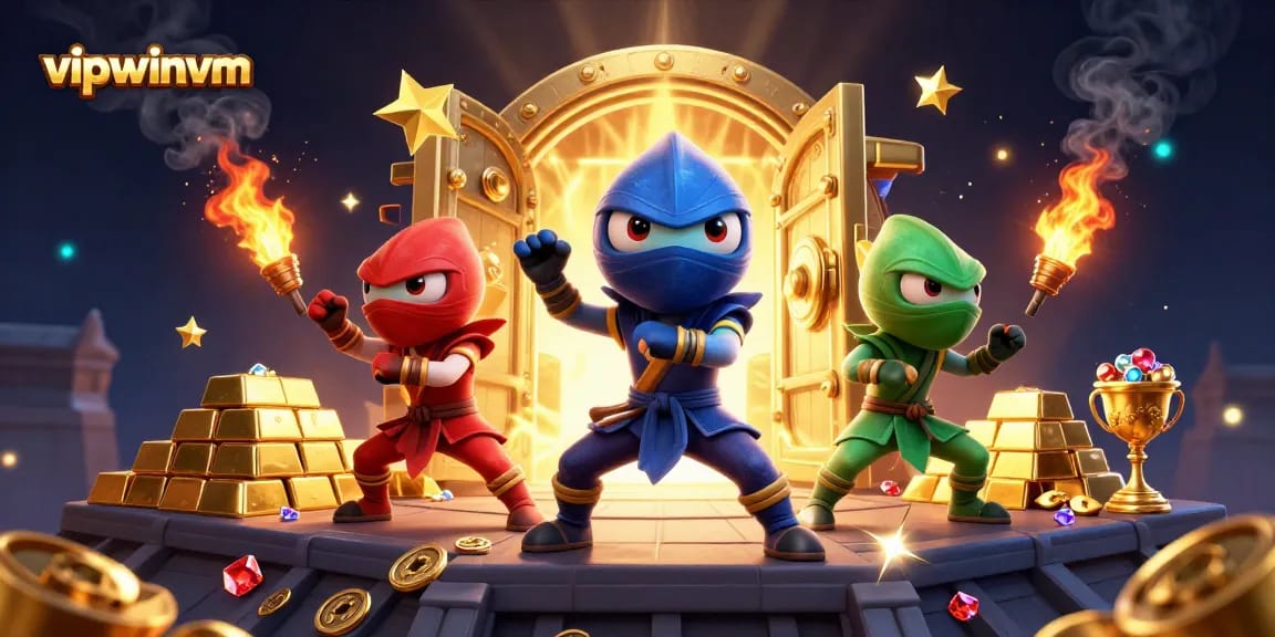 Experience thrilling wins with vipwinvm as ninja chameleons capture golden treasures in this dynamic illustration.