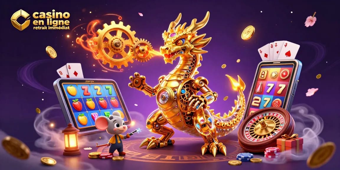 Vivez l'excitation du casino en ligne avec retrait immédiat grâce à un dragon doré et des machines à sous en action.