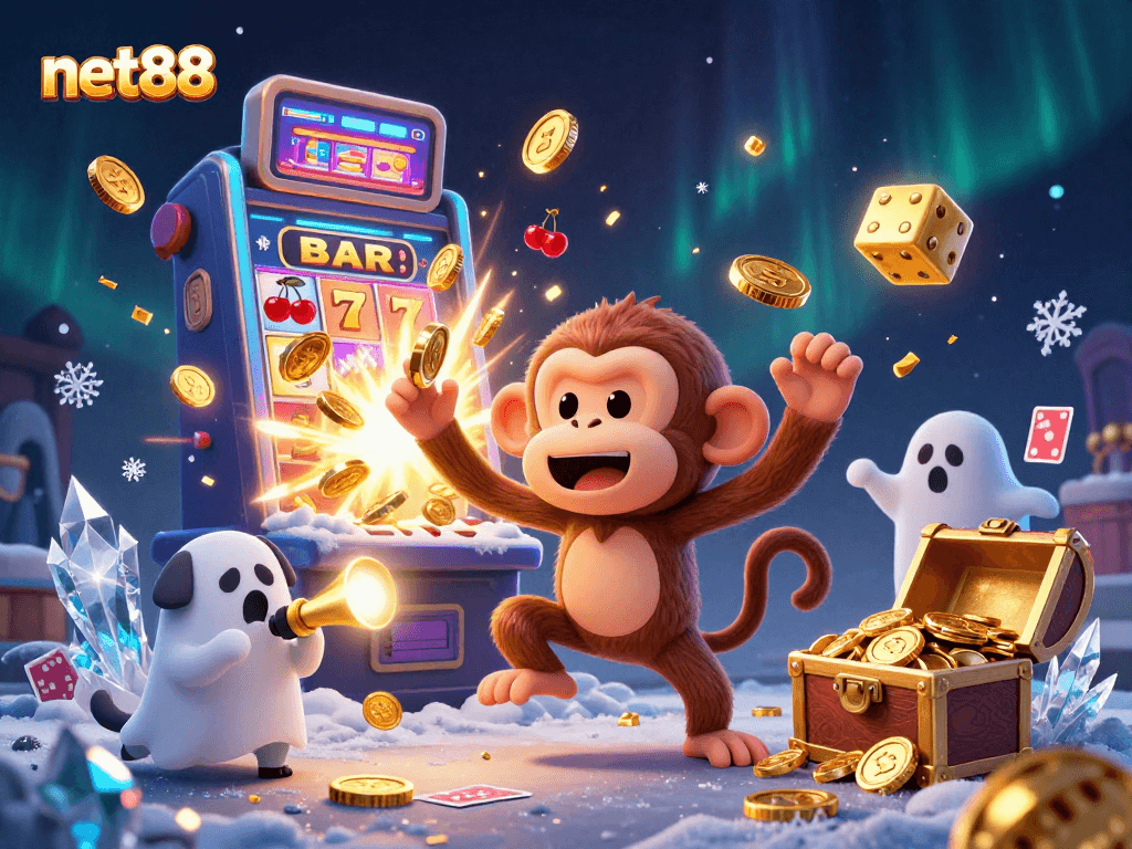 Engage with net88 at the haunted casino with a playful poltergeist monkey juggling coins and a ghost-hunter puppy exploring.