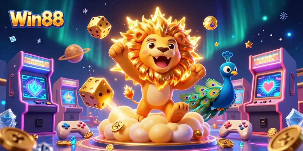 Win88 showcases a victorious lion in space with golden elements and casino game icons around.