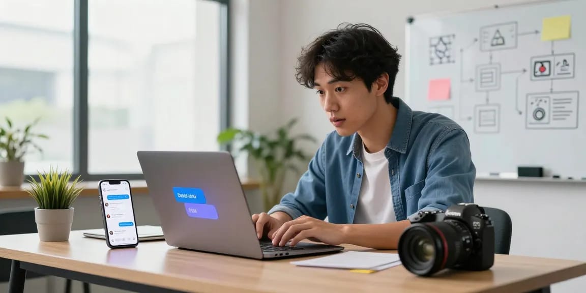 Engaging with spicy chat AI on a laptop at a modern workspace, highlighting digital communication.