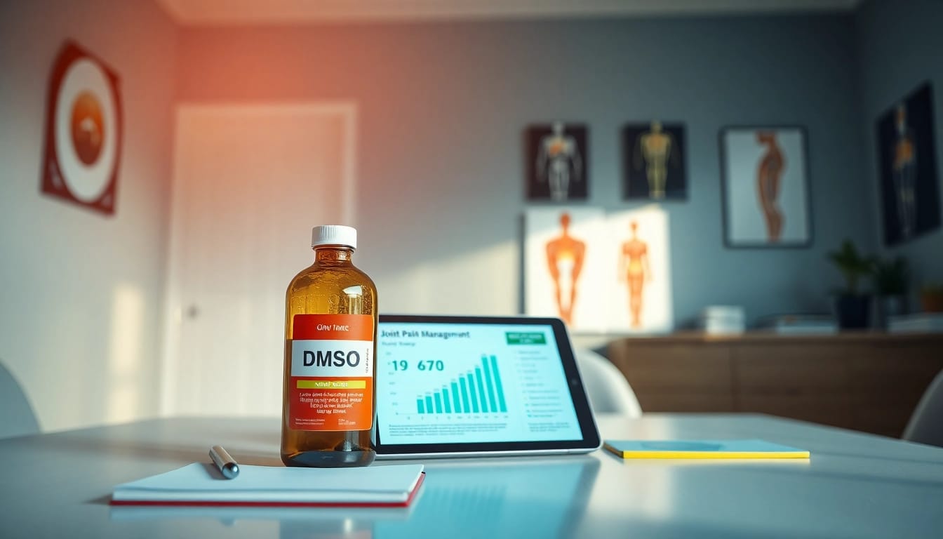 Explore dmso for joint pain with a healthcare setup featuring DMSO bottle and health charts.
