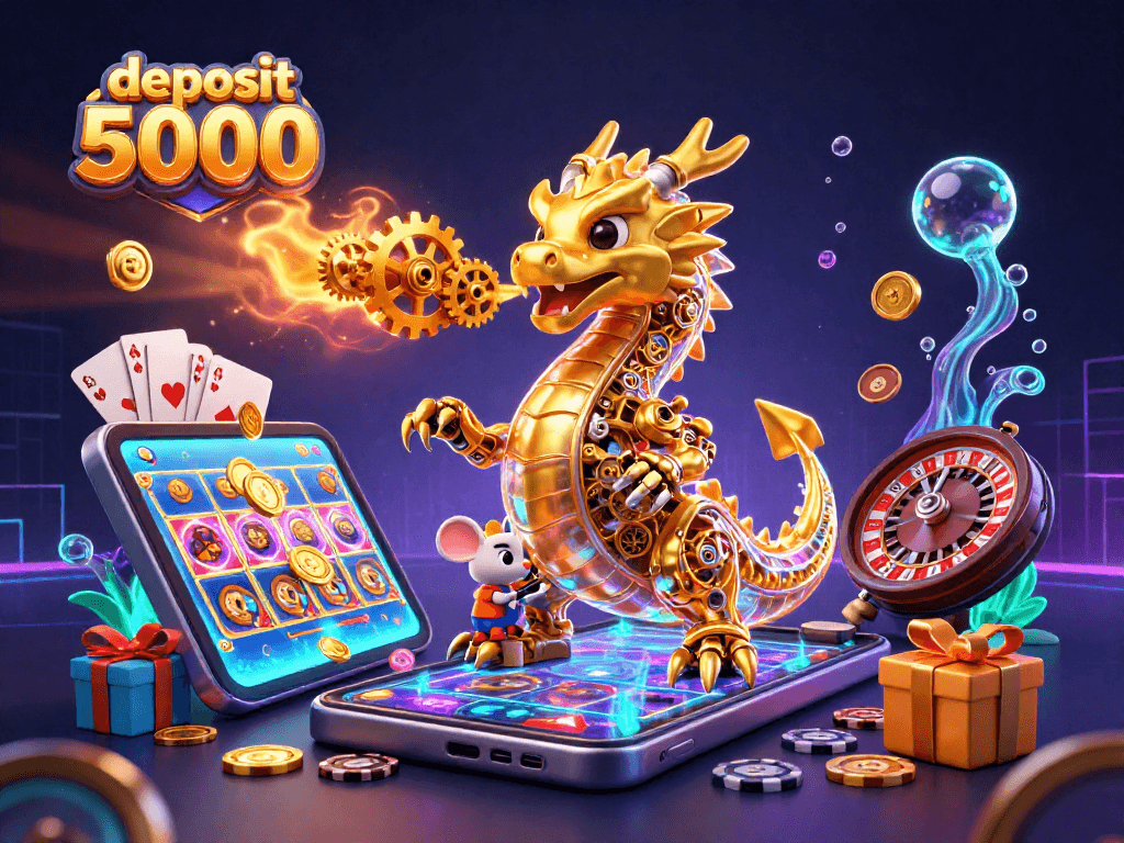 Play deposit 5000 at a vibrant casino scene featuring a golden dragon and dynamic gaming elements