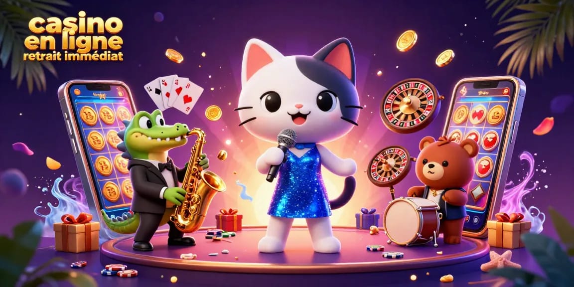 Gagnez avec le casino en ligne retrait immédiat grâce à une illustration captivante de personnages de casino