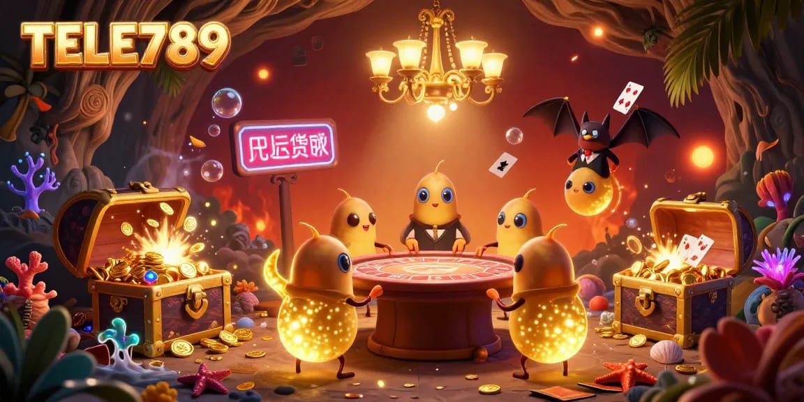 Experience the vibrant atmosphere of TELE789, where glowworms illuminate a lively casino scene.