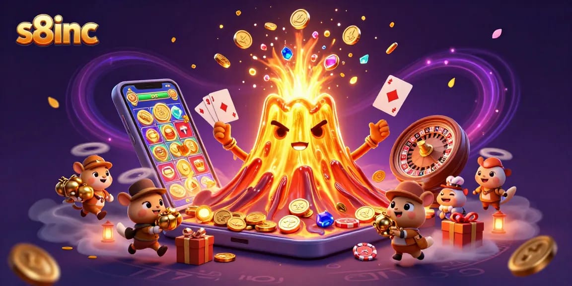 S8inc showcases a vibrant 3D casino scene with a golden volcano erupting coins amidst thrilling game elements.