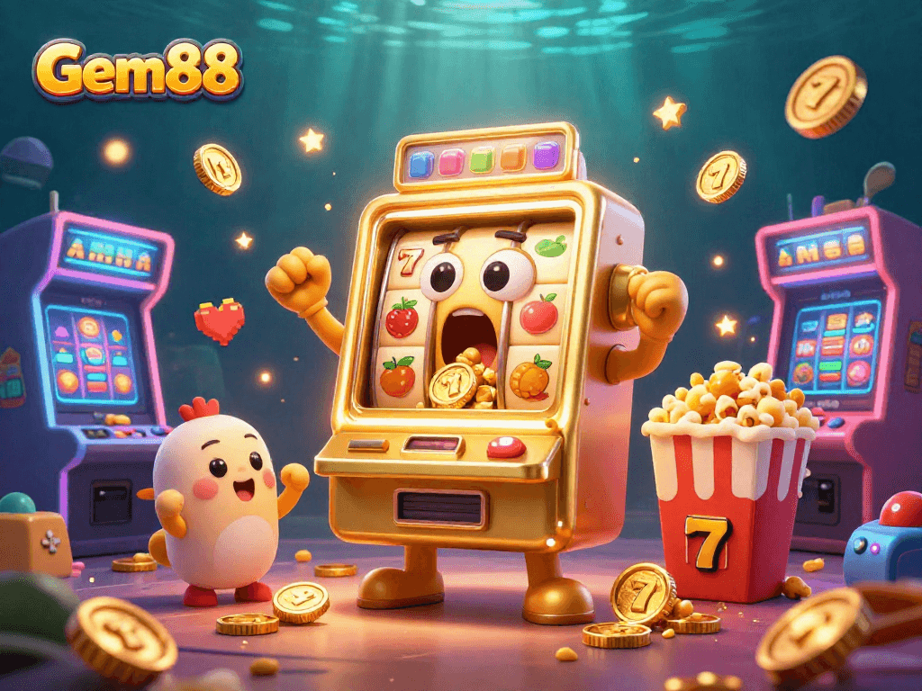 Gem88 slot machine hits the jackpot, surrounded by cheering baby slots and golden popcorn.