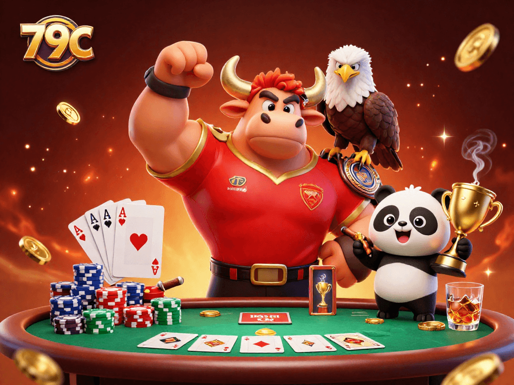 O mascote touro 79C celebra vitórias no cassino com cartas e fichas de poker.