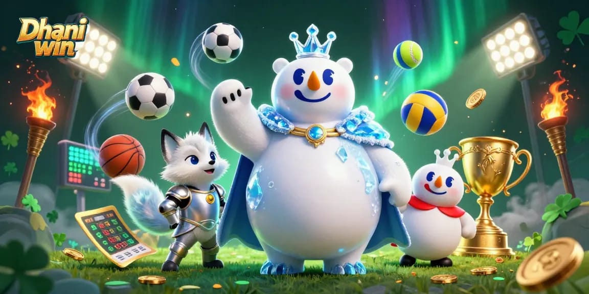 Dhani win players enjoying thrilling sports games with an energetic 3D visualization featuring a playful polar bear and fox.