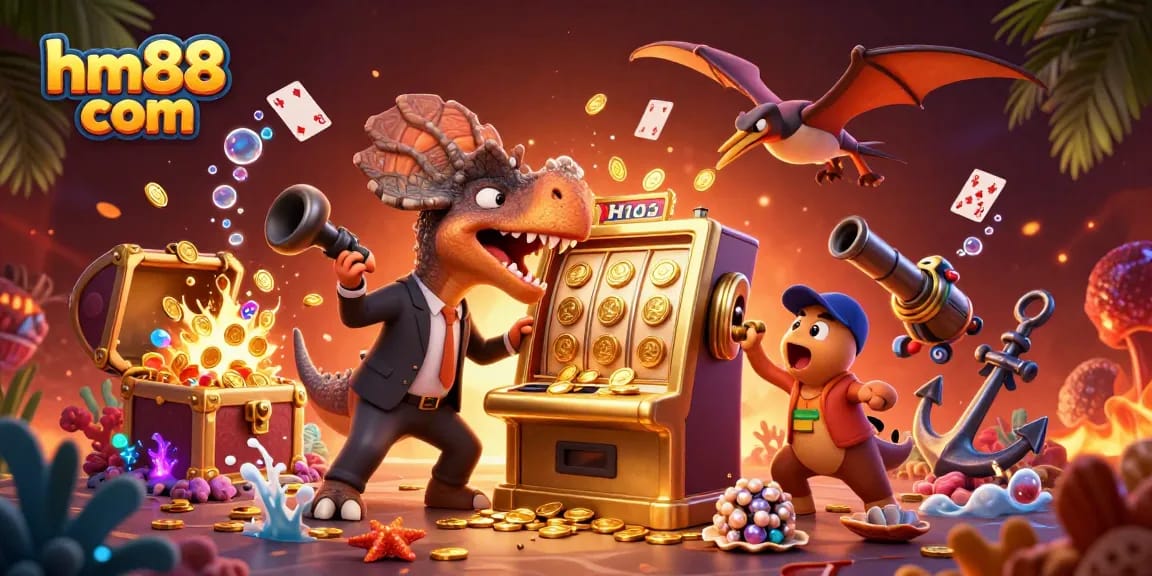 Headbutting slot machine for jackpots at hm88 com as dinosaurs create an exciting casino atmosphere.
