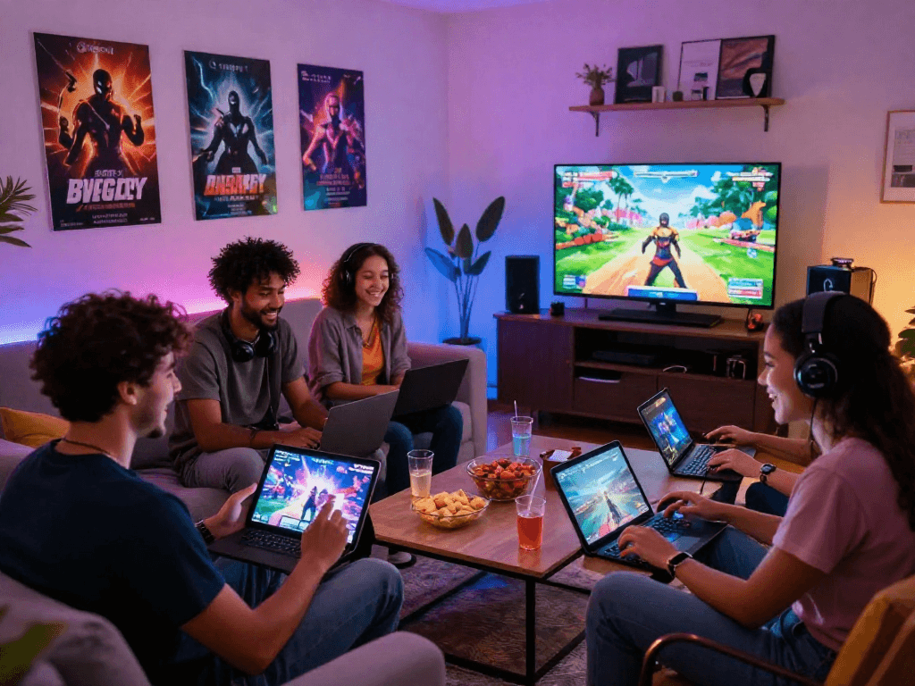 Engaging scene of friends playing sex games online in a lively living room setup.