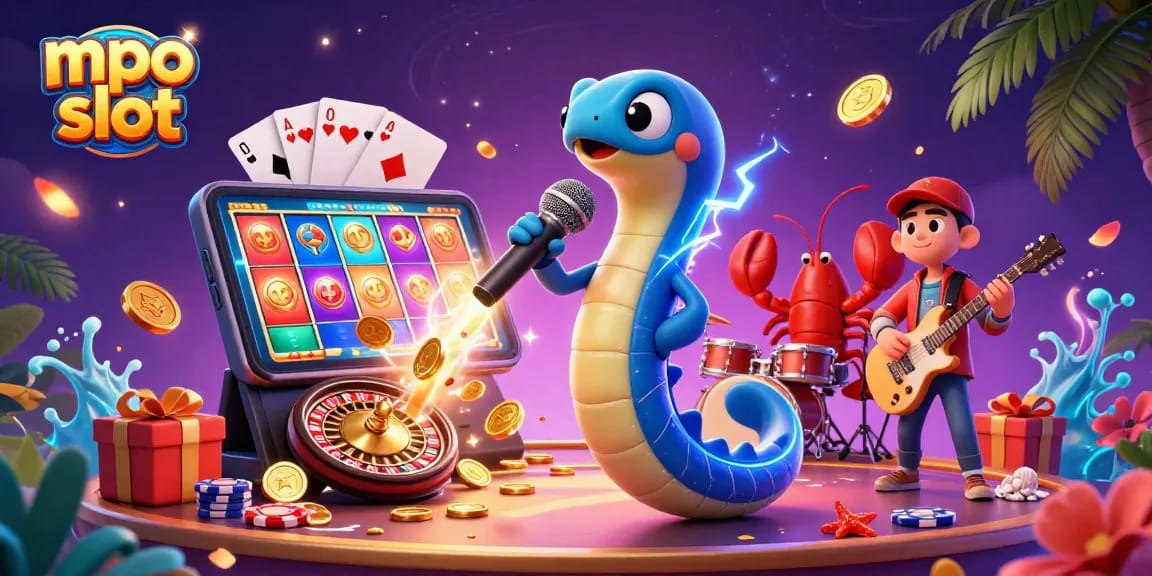 Engage with mpo slot through a vibrant underwater casino scene featuring dynamic characters and games.
