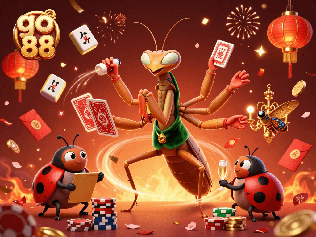 Experience go 88 at the vibrant casino where cards are dealt by a giant praying mantis and surrounded by festive elements.