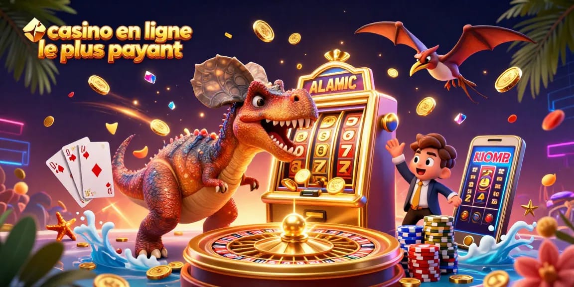 Déclenchez le jackpot avec le casino en ligne le plus payant, affichant des dinosaures et des machines à sous dorées.