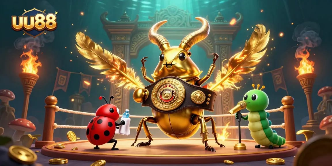 Betting in action at uu88, featuring a champion stag beetle and vibrant casino elements.