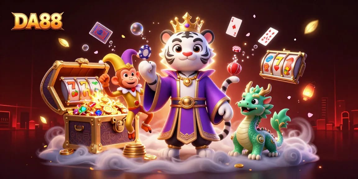 Experience thrills at DA88 with a lively 3D casino scene featuring a white tiger and playful monkey.
