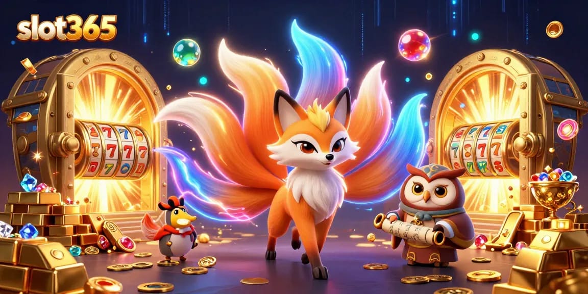 Experience thrilling wins at slot365 with a vibrant 3D illustration of magical characters and casino treasures.