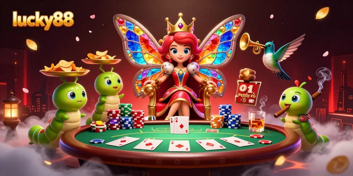 Engage with the vibrant lucky88 casino scene, showcasing a butterfly queen and vibrant poker elements.