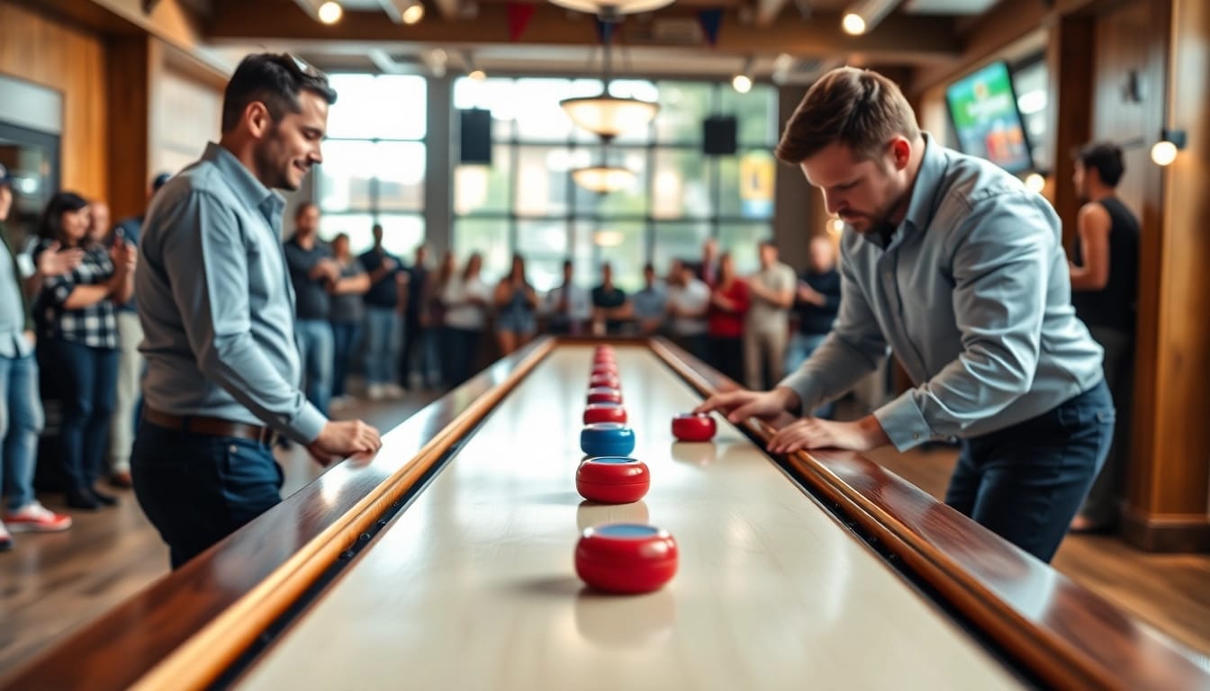 Executing a precise Shuffleboard Move with vibrant pucks on a polished table.