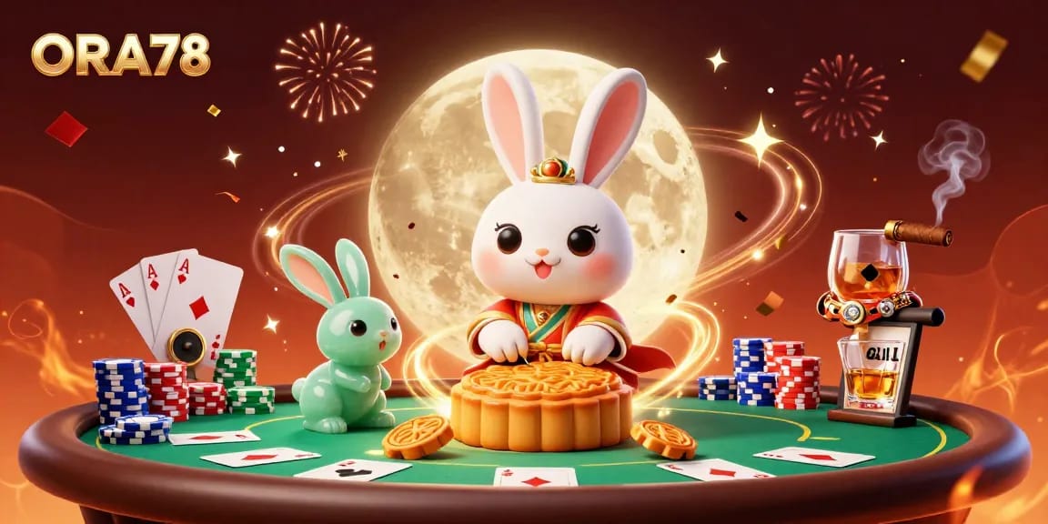 ORA78 menggambarkan kelinci bulan yang sedang memukulkan kue bulan di permukaan bulan dengan chip poker di dalamnya.