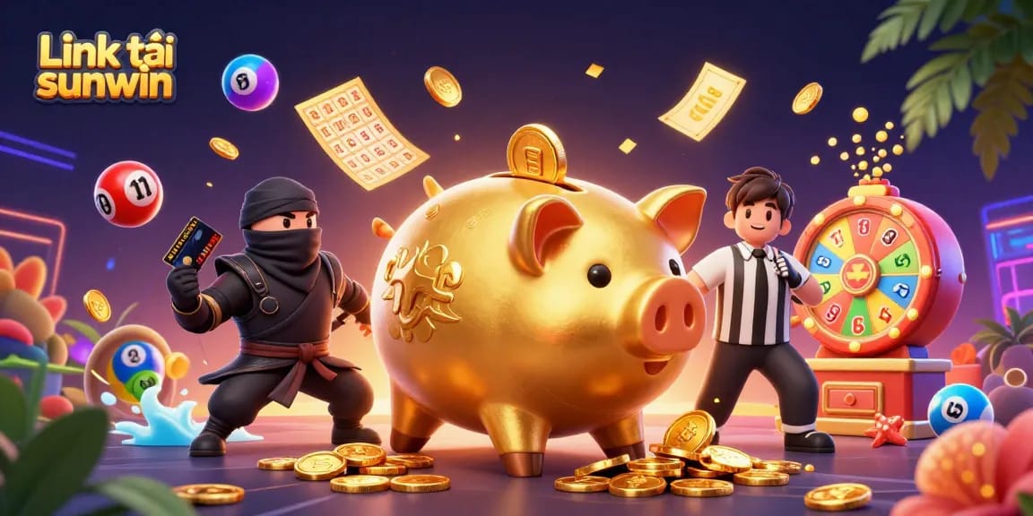 Win big with Link tải sunwin as a golden piggy bank sumo wrestler shakes coins from everywhere in an exciting scene.