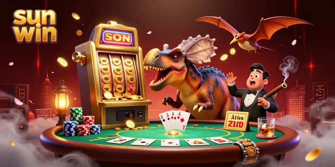 Experience the sun win jackpot as a dinosaur bursts a slot machine, capturing vibrant casino excitement!