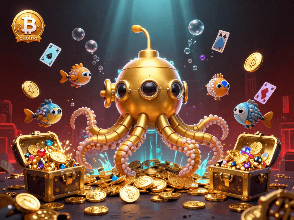 Illustrez votre expérience de jeu avec ce Bitcoin casino dynamique et coloré rempli de pièces d'or et de créatures marines.