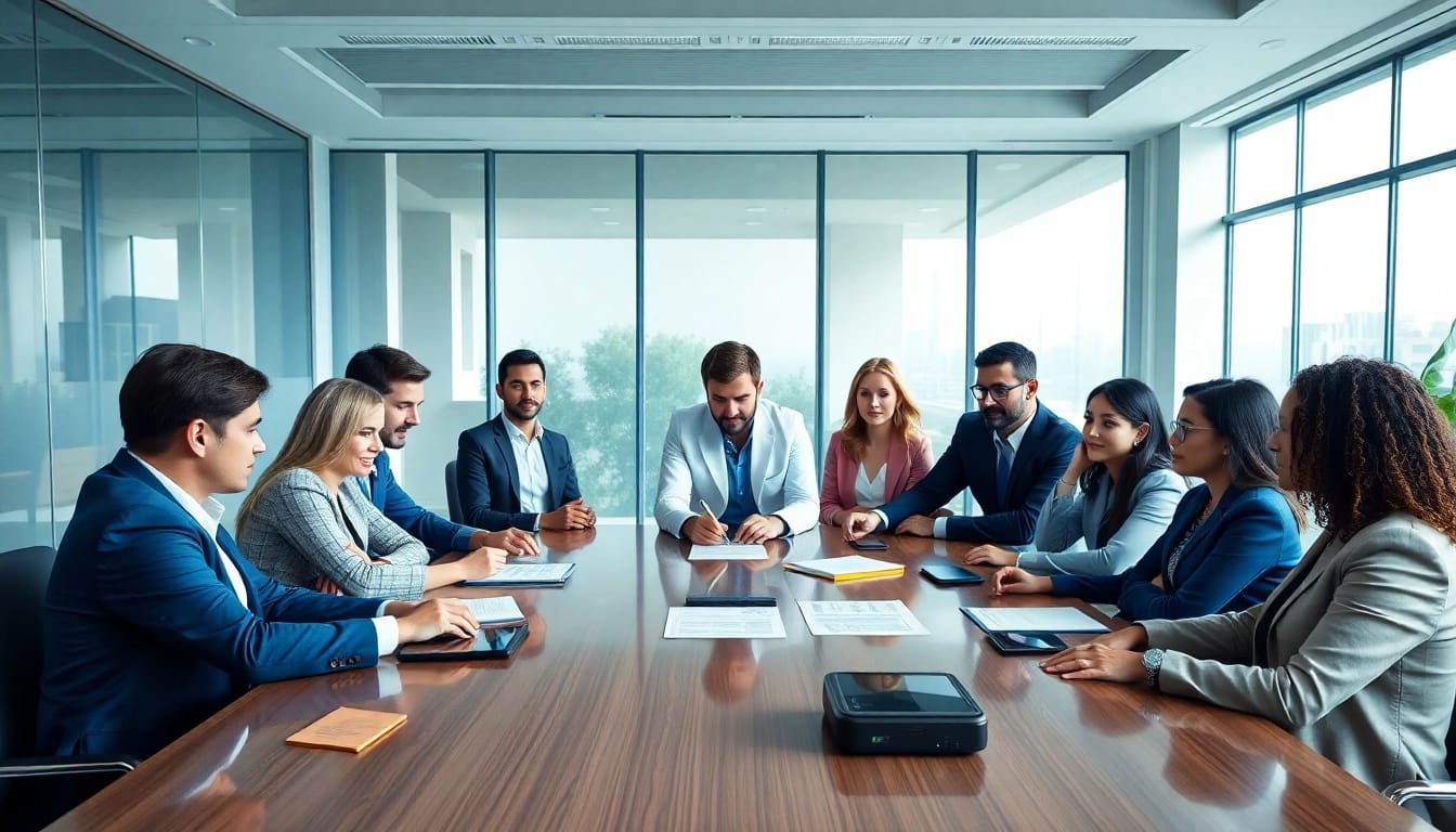 Illustration of professionals discussing Escrow Services in a modern office setting, emphasizing trust and collaboration.