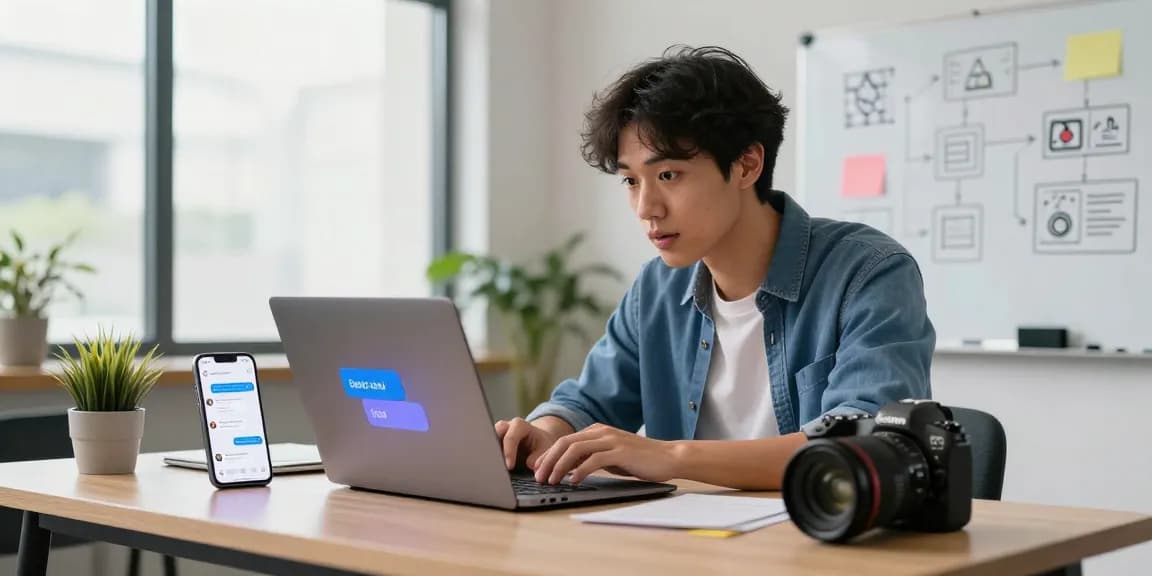 Engaging with spicy chat AI on a laptop at a modern workspace, highlighting digital communication.