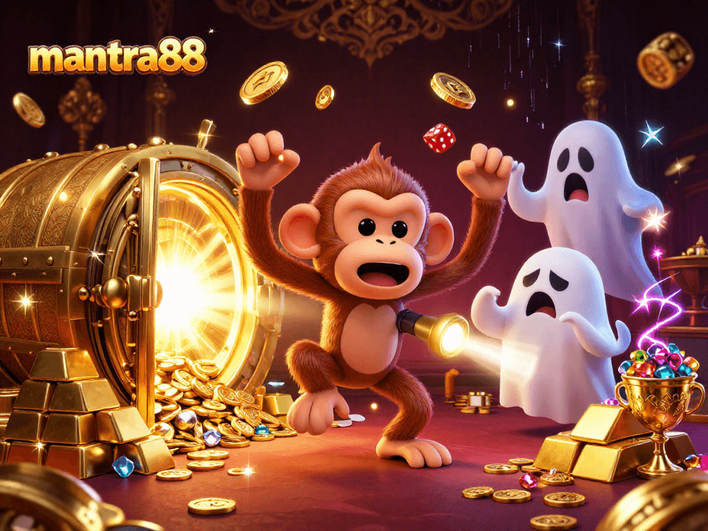 Experience the excitement of mantra88 in a vibrant haunted casino scene with treasure and playful elements.