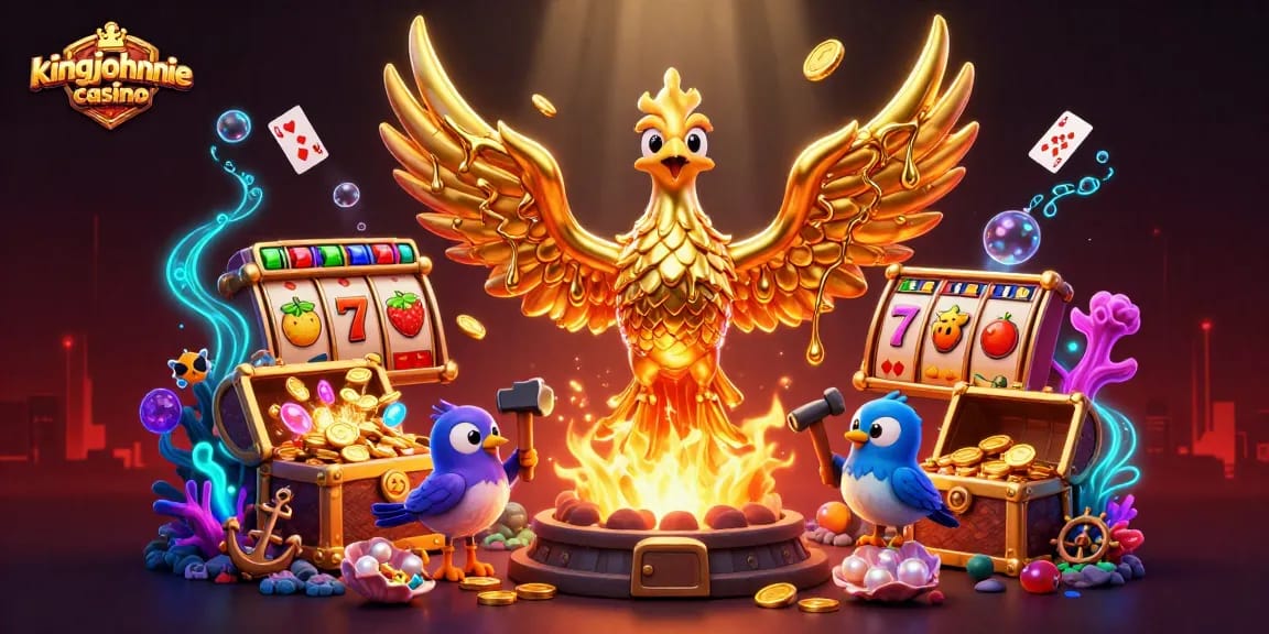 Experience the allure of kingjohnnie casino with a vibrant gold phoenix emerging from a molten forge.