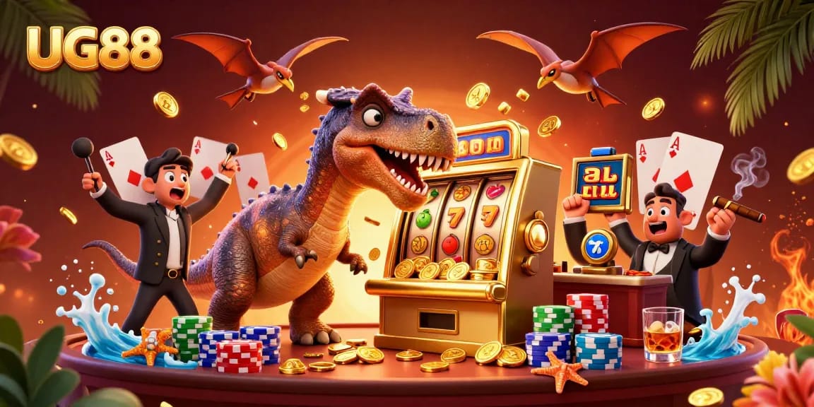 UG88 features a pachycephalosaurus winning jackpot coins with vibrant casino elements.