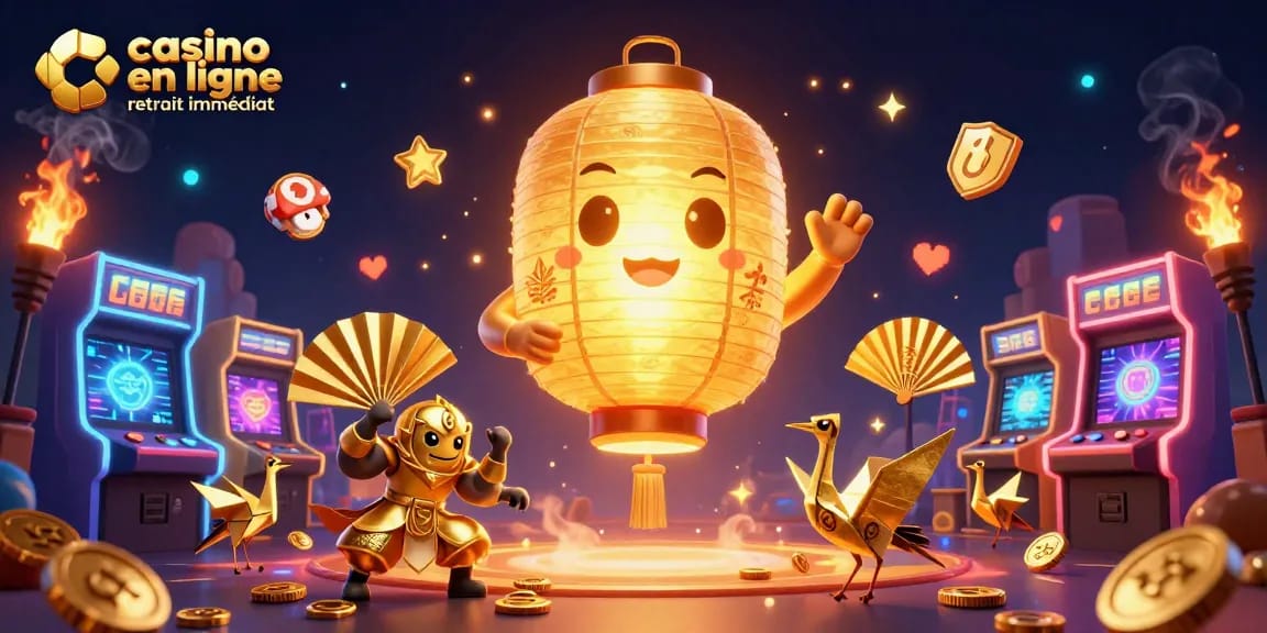 Explore casino en ligne retrait immédiat avec une illustration 3D dynamique de personnages enjoués et machines colorées.