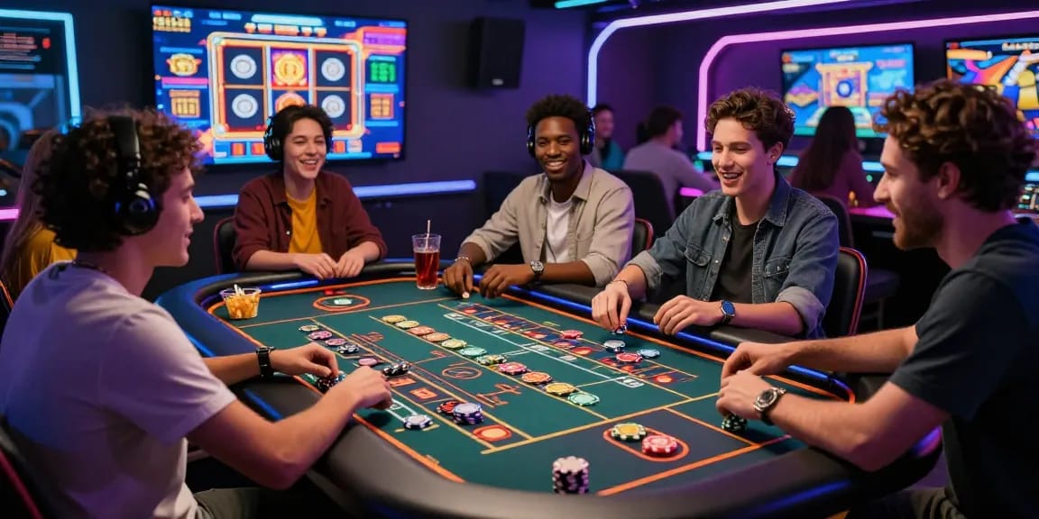 Crypto casino players enjoying an exciting virtual roulette game with vibrant neon lights and digital elements.