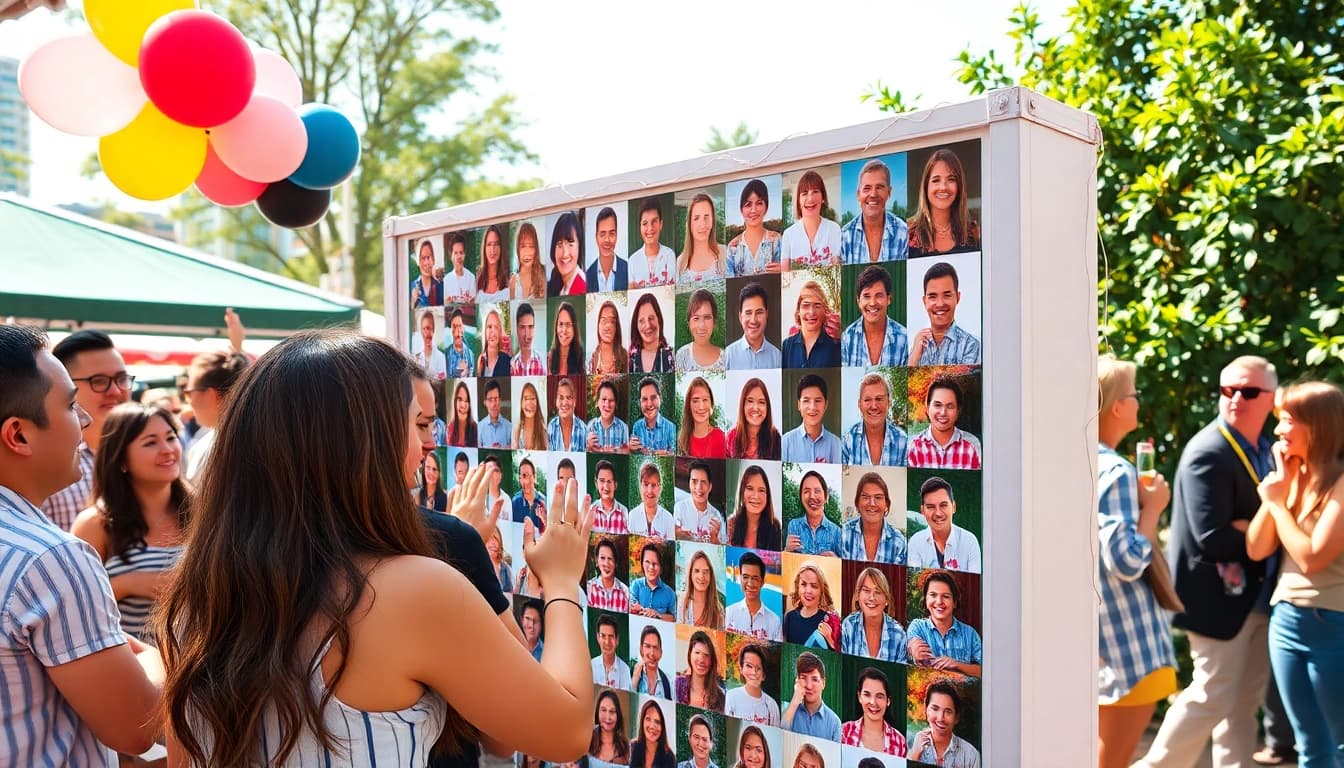 Engage with the interactive photo wall at an outdoor event showcasing vibrant images and joyful interactions.