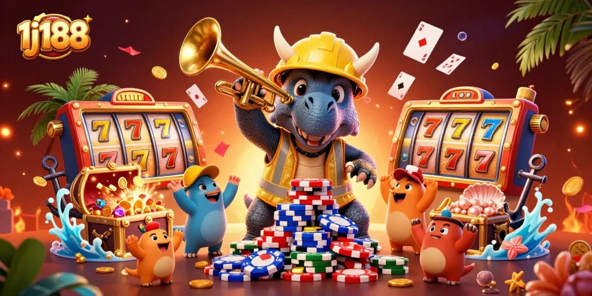 Experience thrilling wins at 1j188 with a vibrant 3D casino illustration featuring dynamic gaming elements.