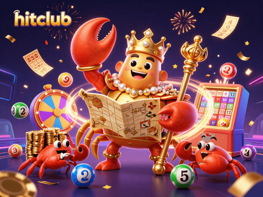 Engage with hitclub's vibrant lottery scene featuring a golden crab emperor and dynamic game elements.