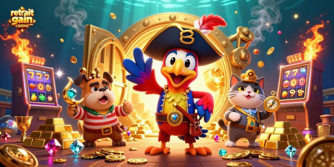 Illustration de retrait gain casino avec un pirate, un bulldog et un chat à la recherche de trésors.