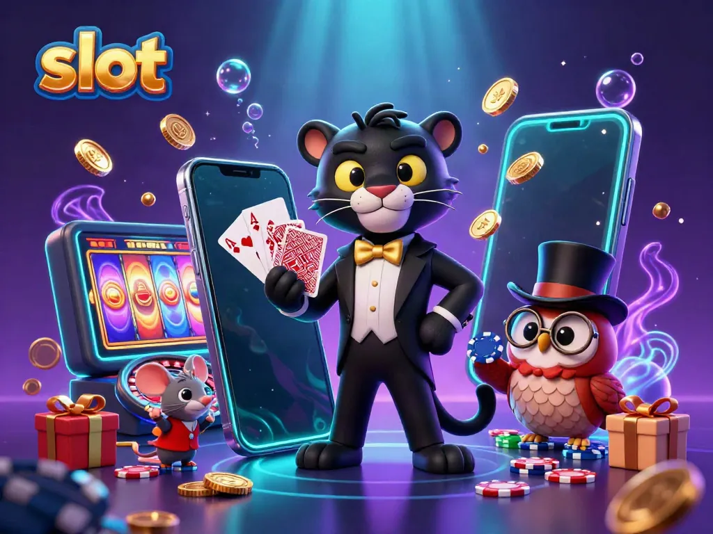Permainan slot seru ditampilkan dengan panther, burung hantu, dan tikus sedang bermain kartu.