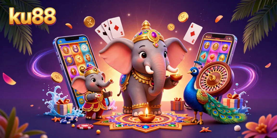 ku88 engages players with vibrant casino scene featuring a Diwali-themed elephant and dynamic gaming elements.