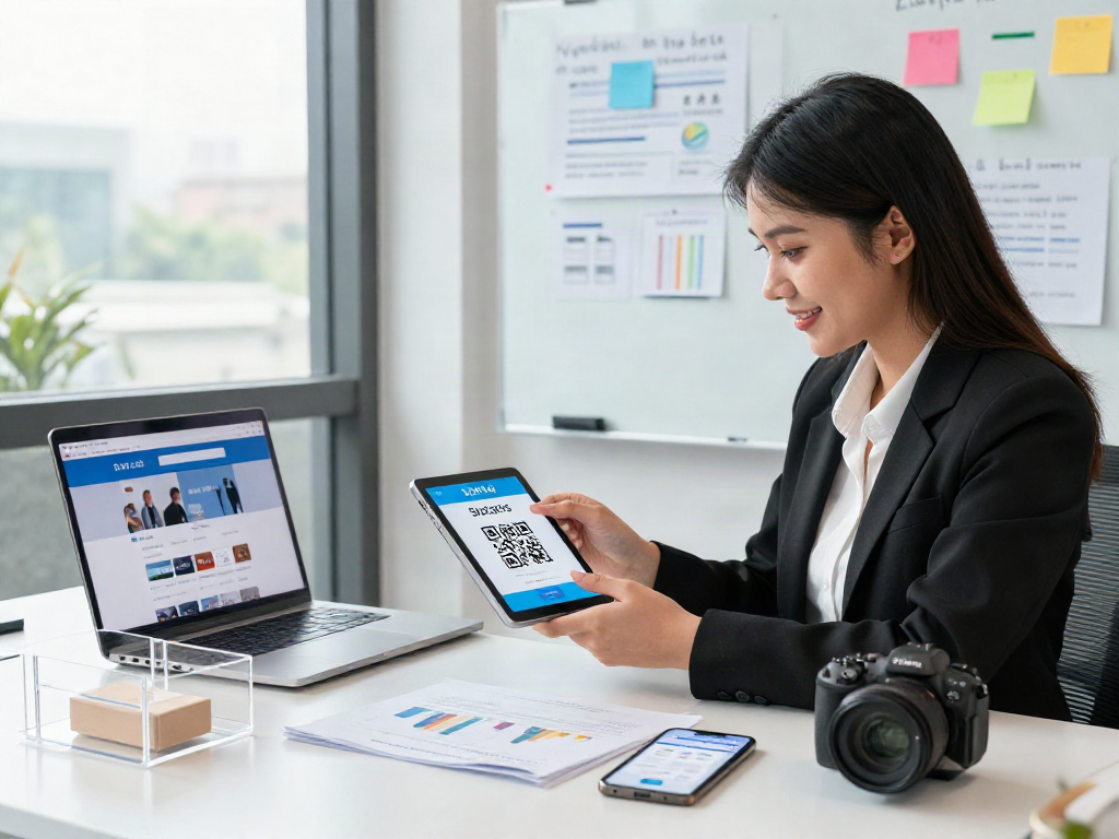 Youthfully engaged professional demonstrating slot qris transaction on a tablet in a modern office setting.