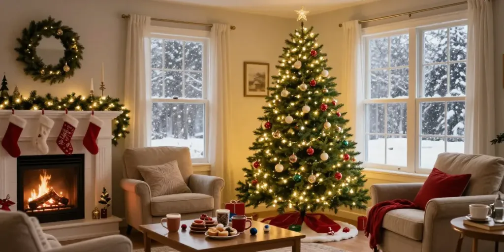 Decorated pre lit pencil slim Christmas tree glowing warmly in a cozy living room.