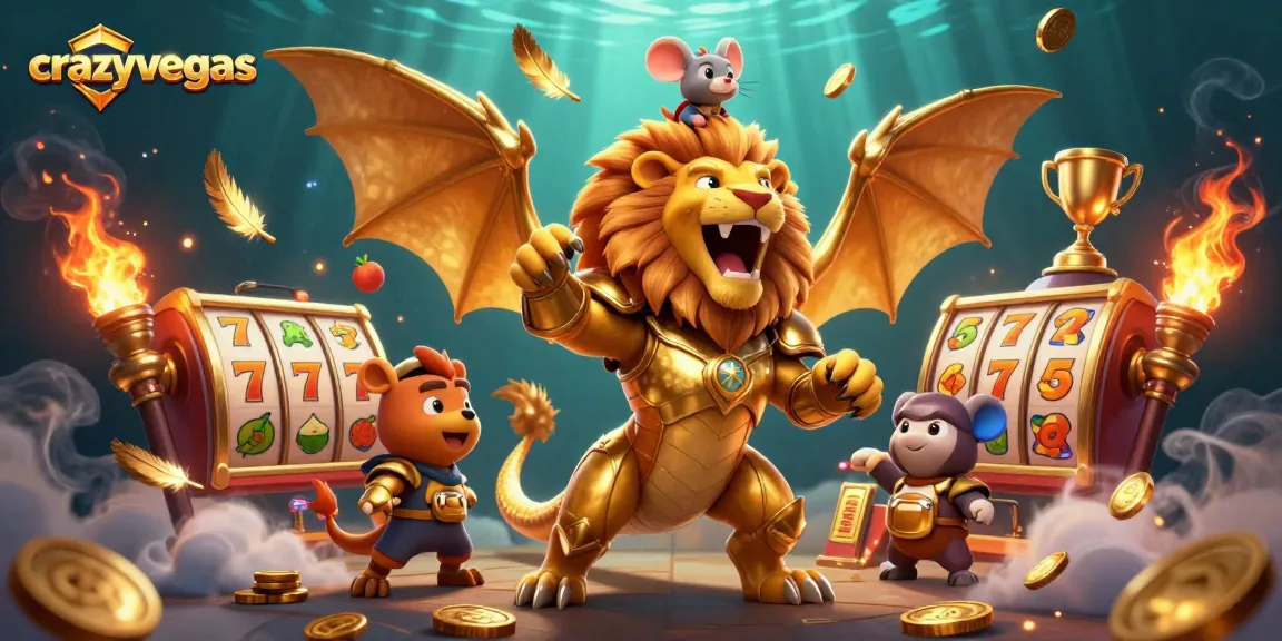 Experience thrilling gameplay at crazyvegas with a triumphant chimera and vibrant slot elements!