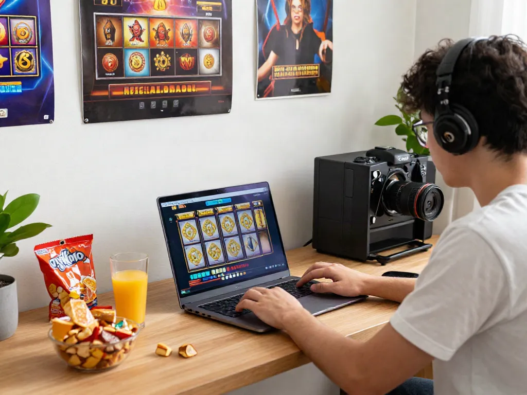 Enthusiast enjoying ทดลองสล็อต on a laptop in a vibrant gaming setup.